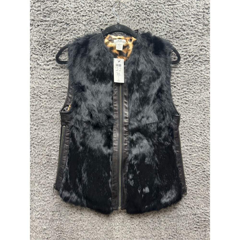 NWT Cache Leopard Print Rabbit Fur Leather Full Zip Vest Black Womens Size L
